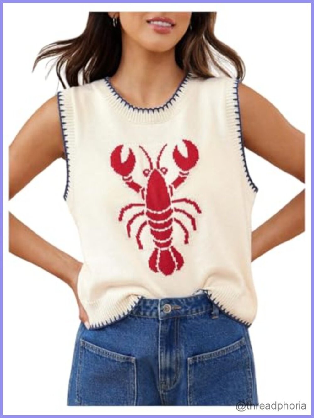 Women's Sleeveless Knit Sweater Vest Crochet Lobster Top Y2K